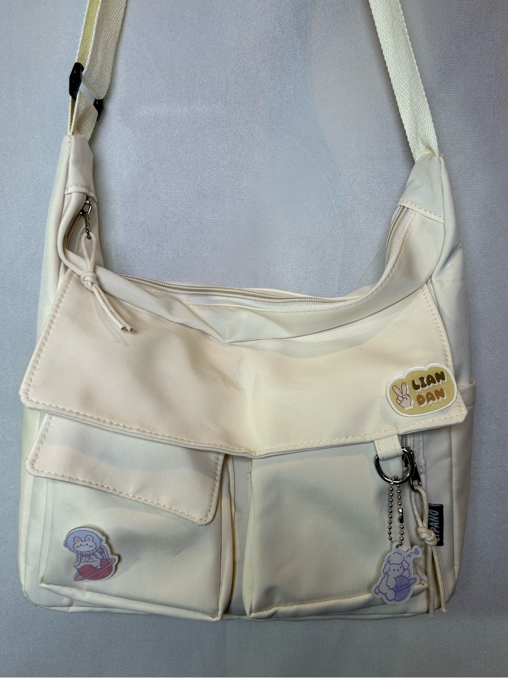 LIPANO Multi-Pocket Utility Crossbody Messenger Bag - Cream / Harajuku Style